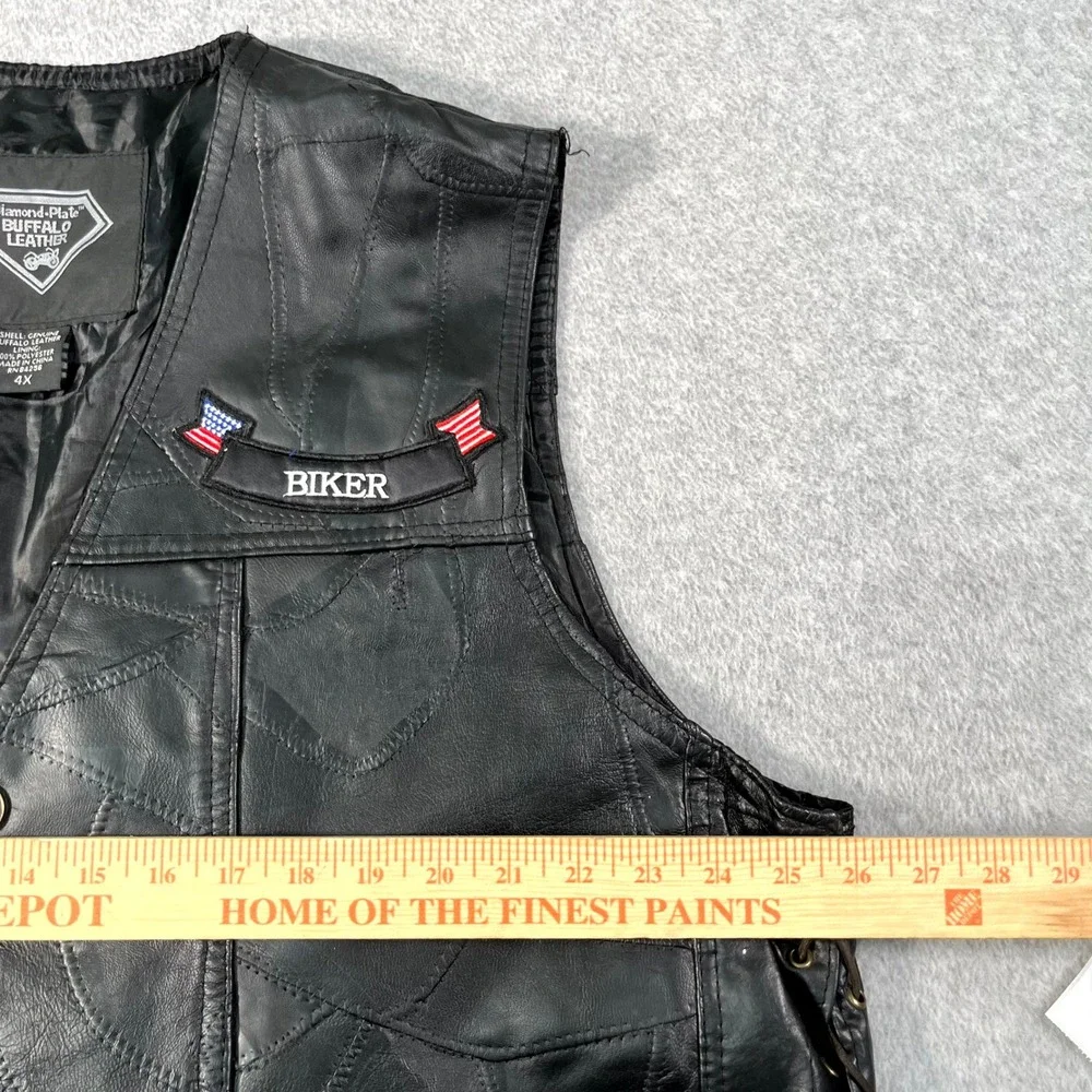 Diamond Plate Buffalo Leather Biker Vest Mens 4X Black Lined Button Front